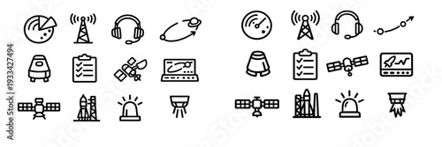 Space exploration and technology line icon set featuring satellite rocket launch radar antenna headset and mission control symbols
