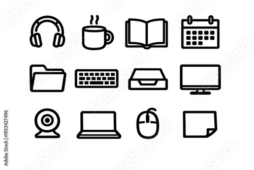 Minimalist black and white and workspace icons set including laptop computer monitor keyboard mouse headphones coffee mug and calendar