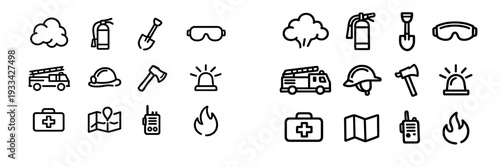 Firefighting and emergency rescue equipment line icons set featuring fire truck extinguisher helmet axe and first aid kit