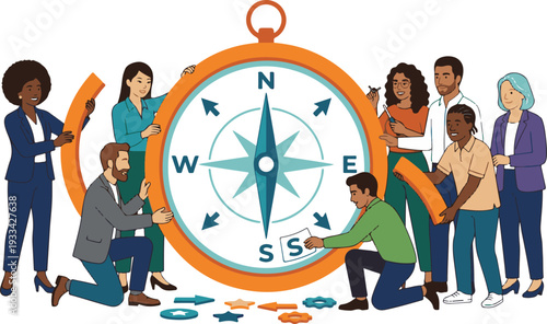 Team of specialists building a giant compass for business direction