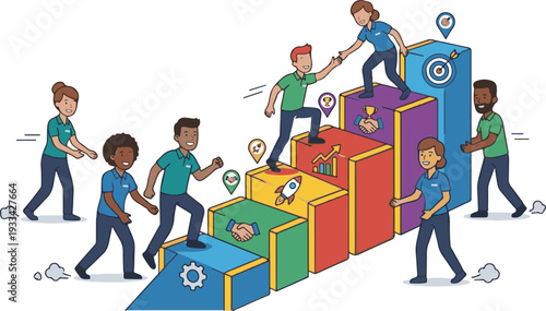 Colleagues helping each other climb steps towards a target goal