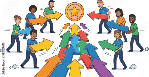 Many people holding arrows pointing towards a central star trophy