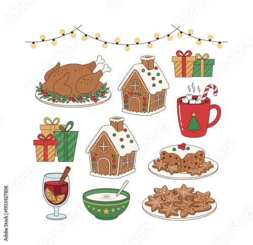 Christmas holiday elements including food, drinks, desserts, gingerbread houses, fairy lights and presents celebrating winter festivities