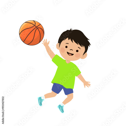 cartoon boy jumping with basketball without background