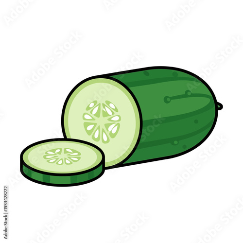 A sliced cucumber showing its internal structure with seeds and a single slice next to it, isolated on a white background.