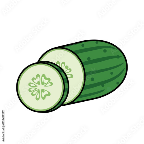 A sliced cucumber with green stripes and seeds visible in the cross-section, isolated on a white background.
