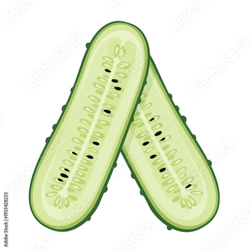 Foto A vibrant illustration of a fresh cucumber sliced in half lengthwise, revealing its seedy interior and crisp green flesh