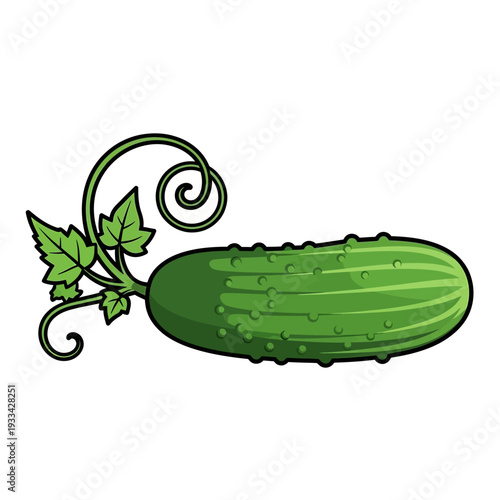 A vibrant green cucumber with a curly vine and leaves, isolated on a white background, showcasing its bumpy texture and fresh appearance.