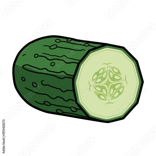 A cartoon illustration of a sliced cucumber showing its internal seeds and flesh, with a green rind and dark green stripes.