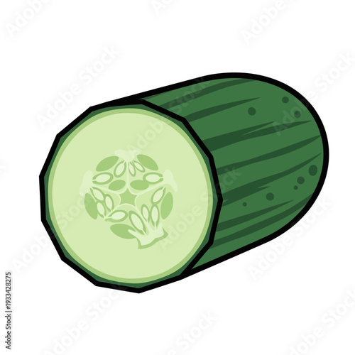 A cross-section of a fresh green cucumber showing its seeds and flesh, isolated on a white background.