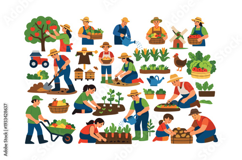 Farmers or gardeners engaged in various agricultural activities like planting, watering, digging, harvesting, and beekeeping