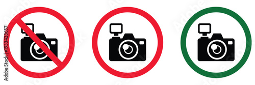 Warning, sign set featuring no photos, no phone, and no camera vector icons, prohibition symbols on taking photos and videos, red circle for forbidden, green circle for allowed, modern flat vector