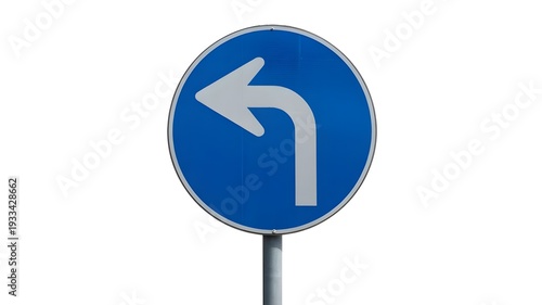 Blue road sign with white arrow pointing left and curving right