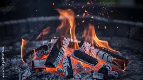 Vibrant fire burning in a stone fire pit on a dark night
