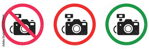 Warning, icon set with no photography, no phone, and no camera symbols, prohibition signs, no photo allowed, camera restricted, red and green circular indicators, clean modern flat vector design
