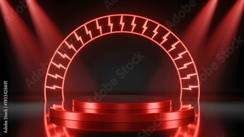 Dramatic red podium with lightning bolt arch and spotlight