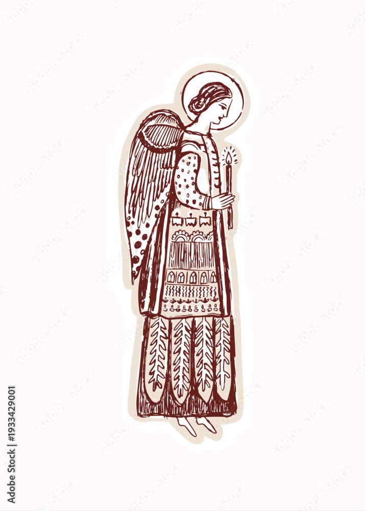 Naklejka premium Pray for peace holy angel with candle light. Isolated hand drawn flat vector illustration. Christian prayer greetings card or church print bulletin. Bible journaling sticker style clip art motif