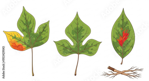 Three green leaves with red spots and a twig on white background illustrating plant disease or nutrient deficiency