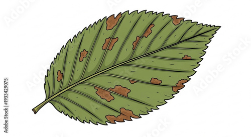 Damaged green leaf with brown spots and serrated edges on white background illustrating plant disease or decay in a detailed botanical illustration