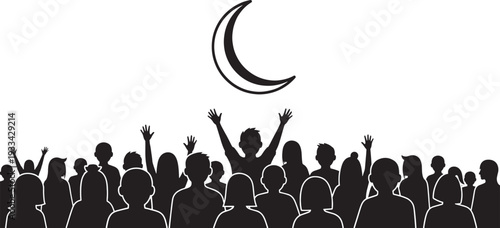 Black silhouettes of diverse crowd with raised hands under crescent moon people black and white