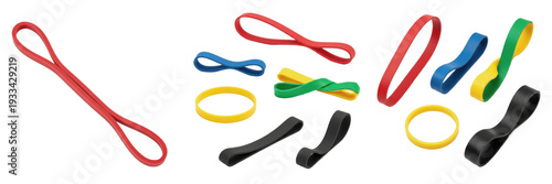 Photos Set and collection of colorful elastic resistance bands and rubber exercise loop