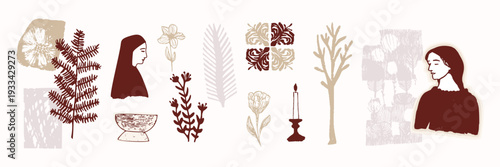 Hand drawn bible journaling prayer motif set in sticker style shape collection. Isolated flat collage design with candle, woman, floral. Organic plant leaf texture for prayer journaling faith decor