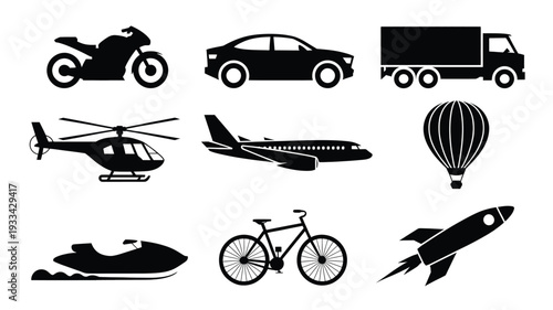 A clean graphic design featuring nine black silhouettes of various transportation vehicles on a white background, perfect for use in graphic design projects, presentations, or educational materials.
