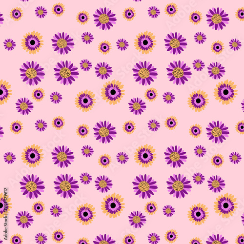 Pattern con margherite viola e arancio su sfondo rosa