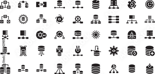 Collection of black database and network connection on white background technology