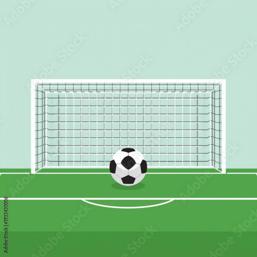 Soccer ball in front of goal on green field