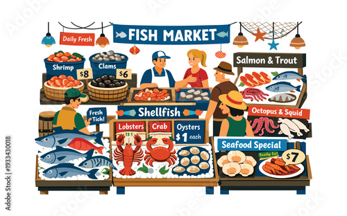 Fish market scene with vendors selling fresh seafood including fish, shellfish, crustaceans, and mollusks to a diverse group of customers