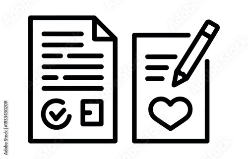 Two documents with a checkmark and a heart symbol, representing approval and love