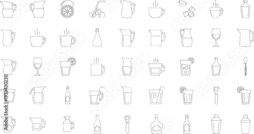 Collection of dashed line for drinks and barware on white background pitcher coffee cup tea cup