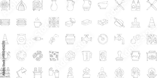 Collection of dashed line representing pottery and supplies ceramics craft tools