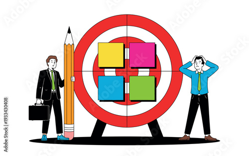 Two businessmen standing next to a large target with colorful sticky notes, one holding a giant pencil and the other looking stressed.