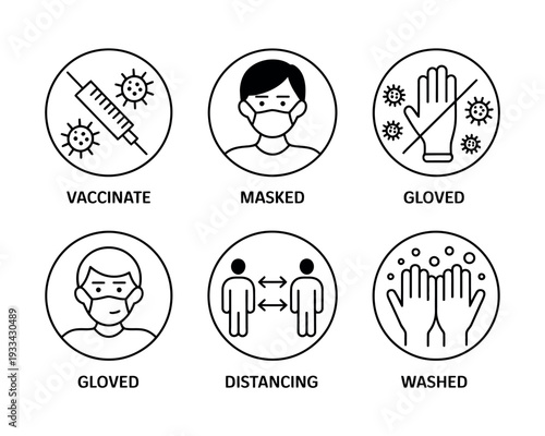 A graphic illustration showing various COVID-19 prevention methods including vaccination, wearing a mask, gloved hands, social distancing, and hand washing.