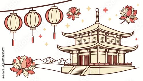 Asian temple with pagoda roof and lanterns surrounded by lotus flowers chinese architecture