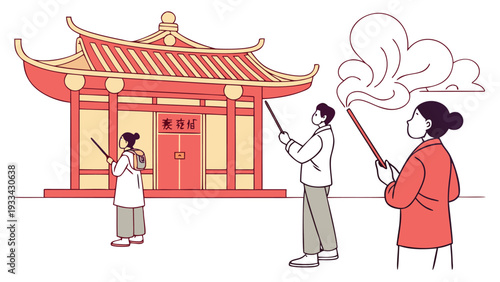 Asian temple with people holding incense chinese architecture smoke