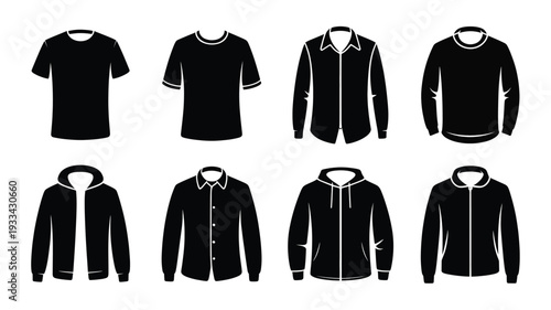 A clean and simple graphic design featuring a variety of black shirts and hoodies in a flat, minimalist style, perfect for use in fashion or apparel-related projects.