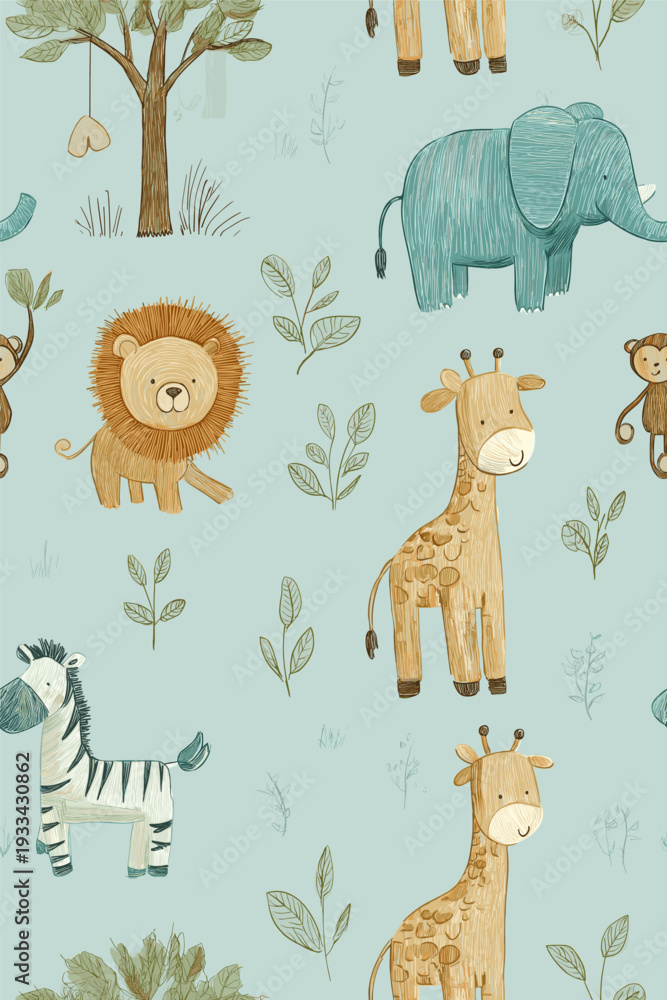 Fototapeta premium Safari animals pattern with giraffes, elephants, and lions on a light blue background. Cute cartoon jungle animals seamless pattern