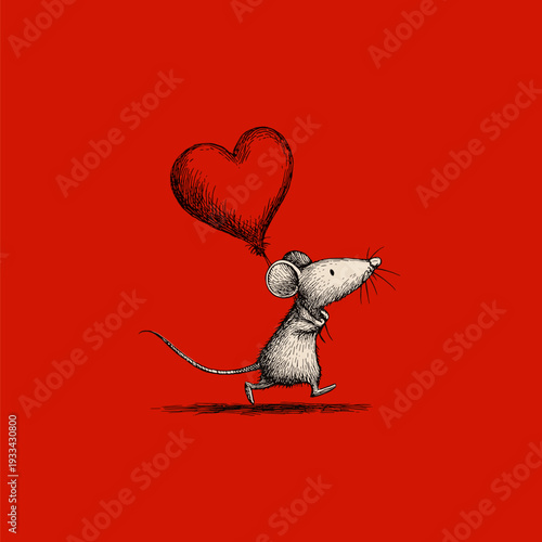 Cartoon gray rat running with a large red heart on a solid red background. Cute gray rat carrying red heart running