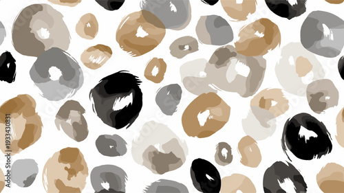 Abstract animal print background with watercolor style gray and brown spots on white. Neutral muted leopard spots seamless pattern design