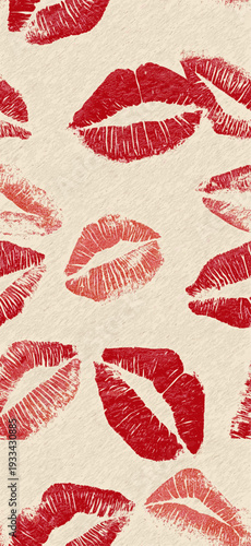 Red lipstick kiss marks covering a cream textured paper surface, creating a playful pattern. Red lipstick kiss marks seamless pattern on textured paper