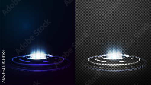 Glowing blue circle with concentric rings isolated for your arts. Soft glow adds futuristic charm. Ideal for digital design projects. Transparent version shows identical effect with no backdrop.