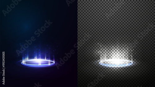 Digital teleports in cylindrical shape with shiny swirl rings on isolated background for your arts. Center emits bright energy with subtle motion. Base glows softly, reflecting ambient light.