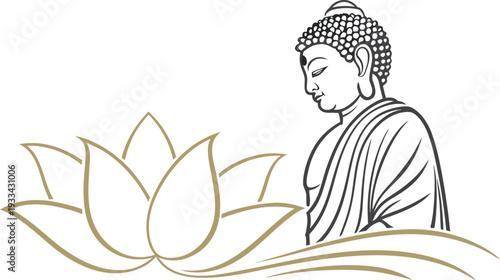 Minimalist of Buddha sitting beside a lotus flower minimal line black and gold white background
