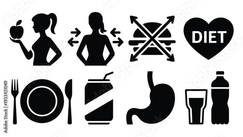 A set of black vector icons depicting diet, nutrition, and healthy lifestyle choices, including food, drink, and body silhouettes, conveying a sense of wellness and weight management.