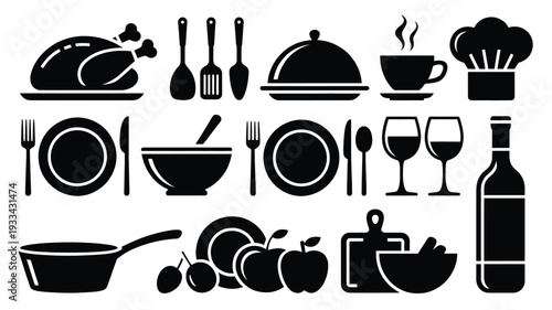 A clean vector graphic set showcasing restaurant items on white background, including food, wine, and kitchen tools in flat design style.