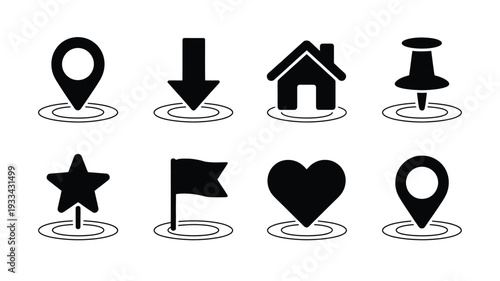 A clean vector icon set featuring nine black symbols for navigation, mapping, and location marking on a white background, ideal for web and mobile applications.
