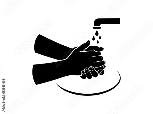 A black silhouette icon showing hands being washed under a water tap, perfect for hygiene instructions, healthcare signage, and virus prevention materials.